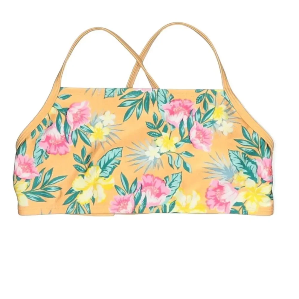 Art Class Girls' Orange Tropical Hawaiian Print Bikini Top, Sz M (7/8)